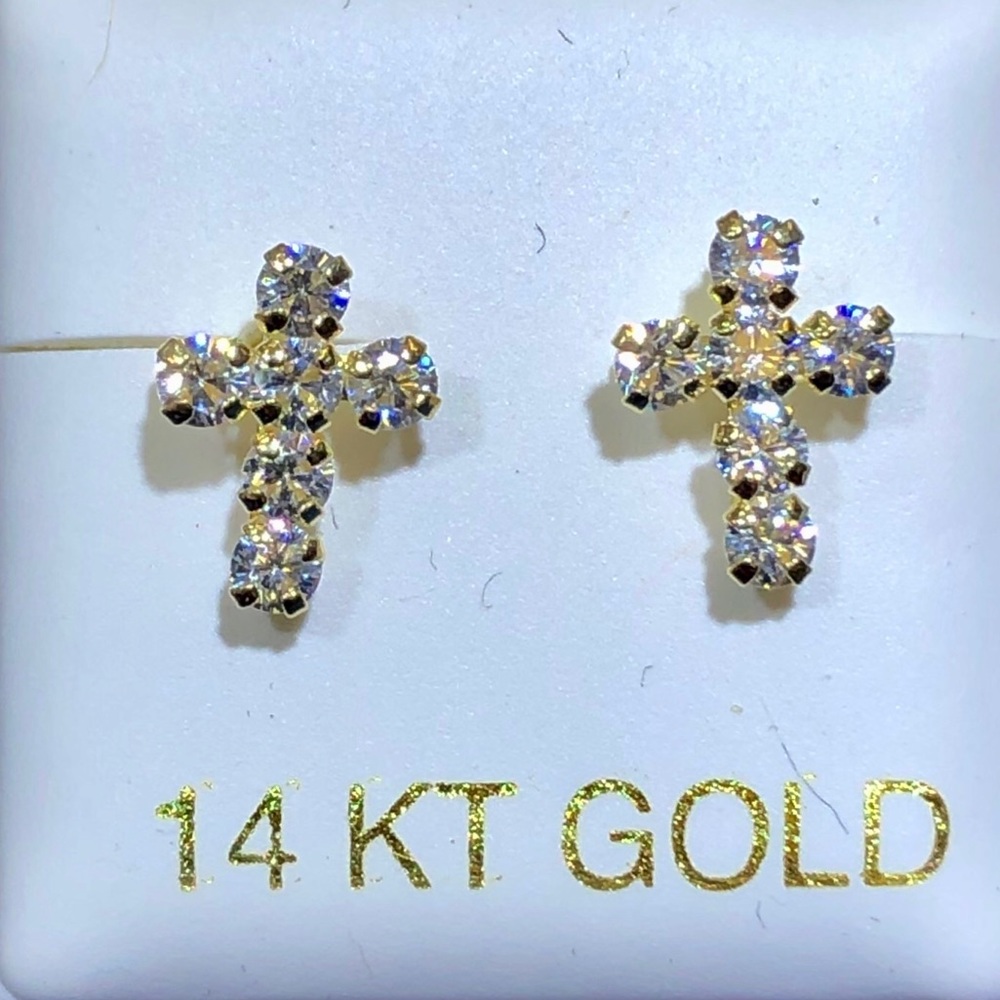 Solid Gold 14 Karat Cross Cz  Earring .